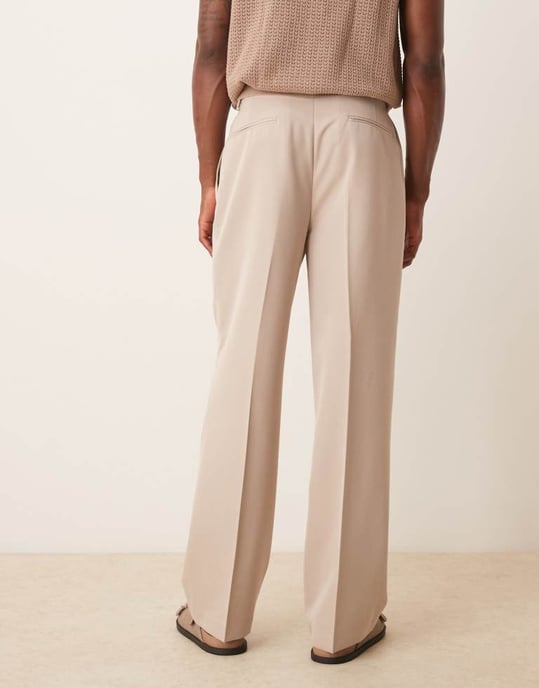 ASOS DESIGN smart wide leg trousers with double pleats in stone - Image 4