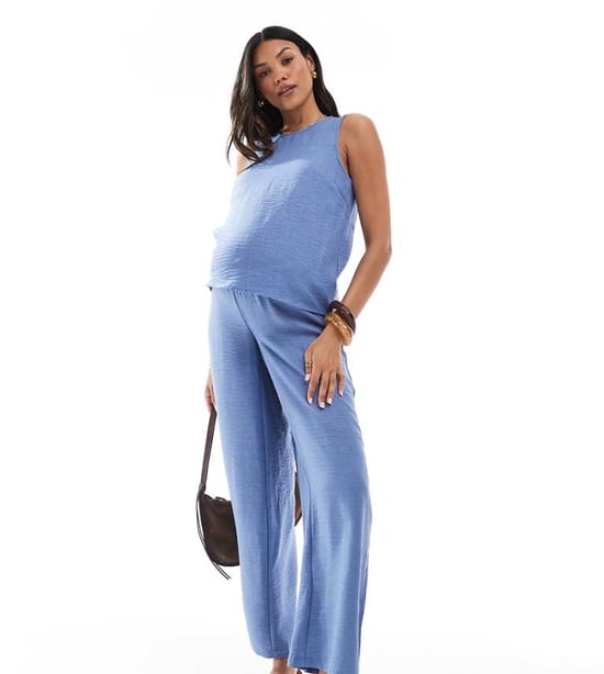 Mamalicious crinkle textured wide leg trouser co-ord in blue - Image 1