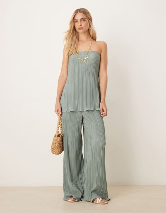 YAS plisse wide leg trouser co-ord with rolled hem detail in soft green - Image 1