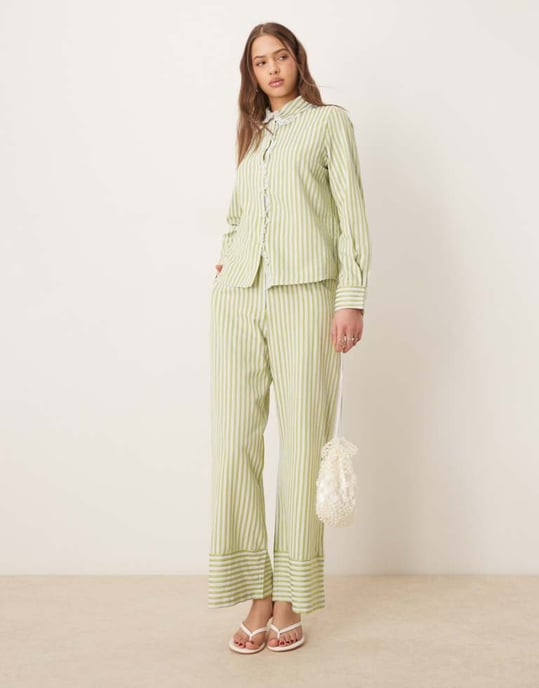 Sister Jane wide leg stripe trouser co-ord in green - Image 1