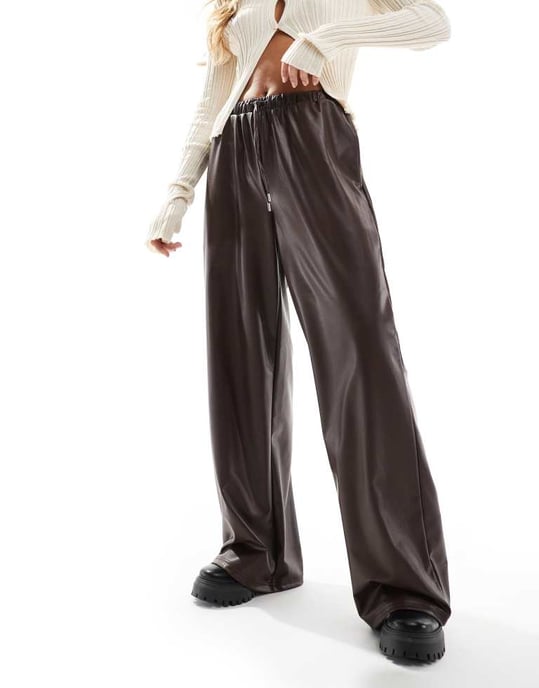 ASOS DESIGN leather look tie waist wide leg trousers in chocolate - Image 2