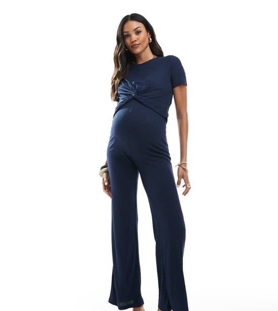 Mamalicious Maternity over the bump ribbed jersey wide leg trouser co-ord in navy - Image 1