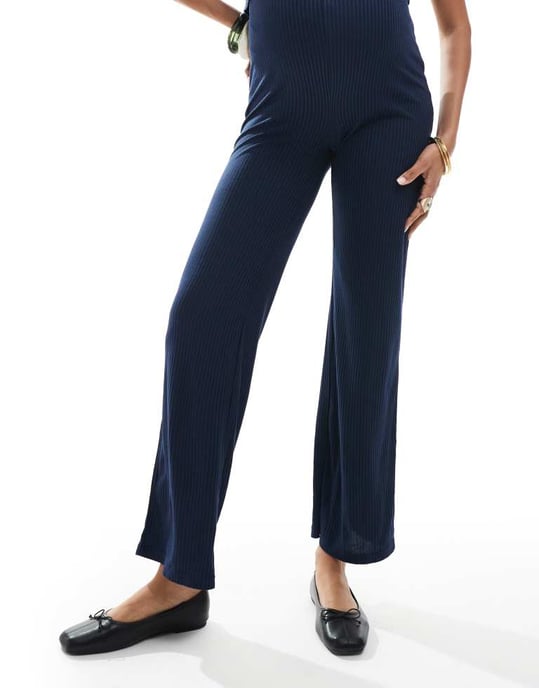 Mamalicious Maternity over the bump ribbed jersey wide leg trouser co-ord in navy - Image 4