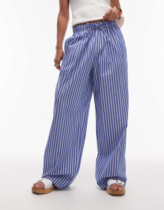 Topshop poplin pull on wide leg trouser in dark blue stripe - Image 3