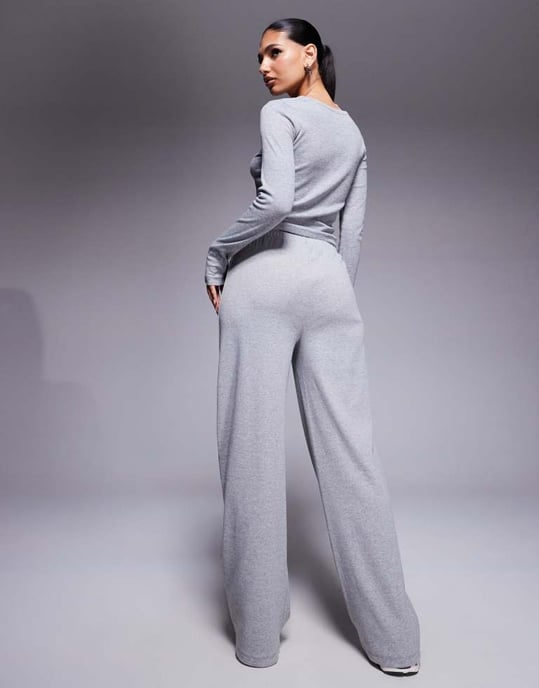 Weekend Collective co-ord ribbed wide leg joggers in grey - Image 4
