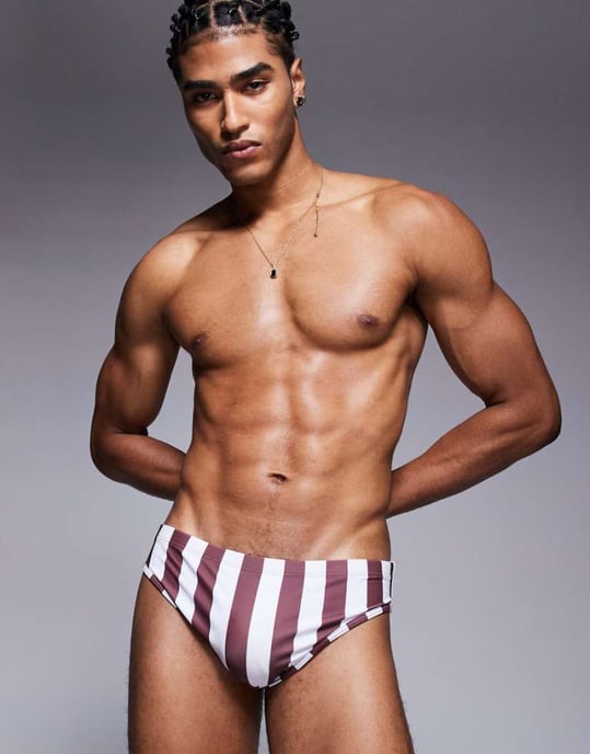 ASOS DESIGN swim brief in burgundy and white stripe - Image 1