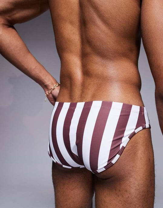 ASOS DESIGN swim brief in burgundy and white stripe - Image 4