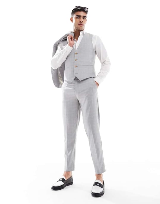 ASOS DESIGN linen blend tapered suit trousers in grey tonal check - Image 1