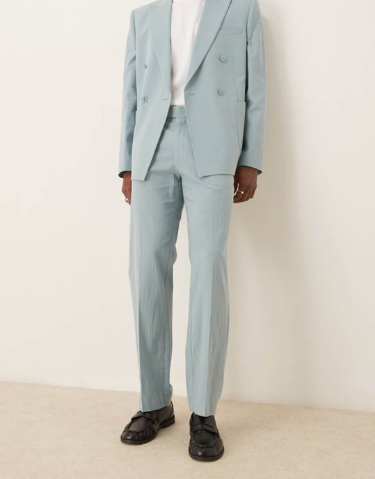 ASOS DESIGN straight suit trousers in light blue crinkle texture - Image 3