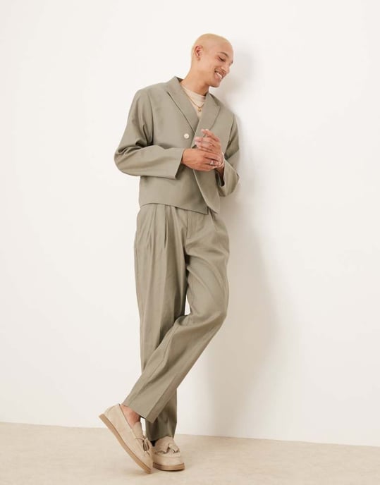 ASOS DESIGN linen mix oversized tapered suit trousers in khaki - Image 3
