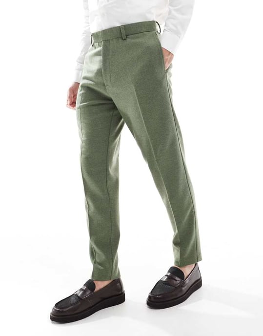 ASOS DESIGN tapered suit trousers with wool in green herringbone - Image 3