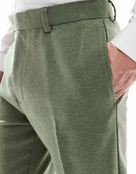 ASOS DESIGN tapered suit trousers with wool in green herringbone - Image 4