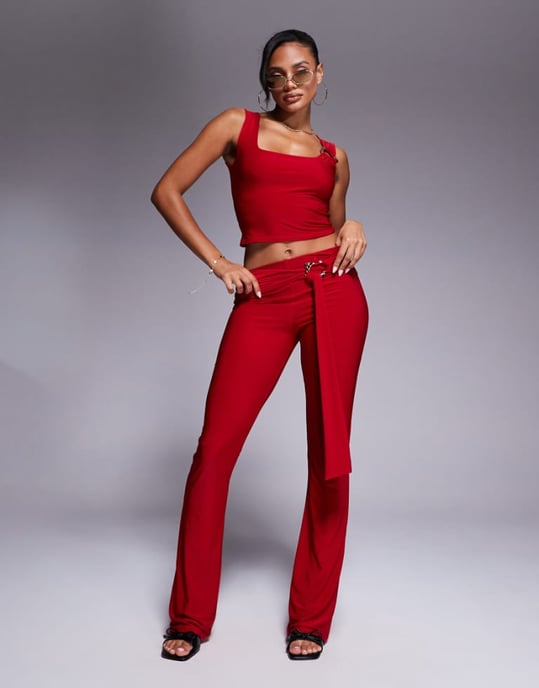 Kaiia exclusive double layered slinky gold hardware belt detail trouser co-ord in red - Image 1