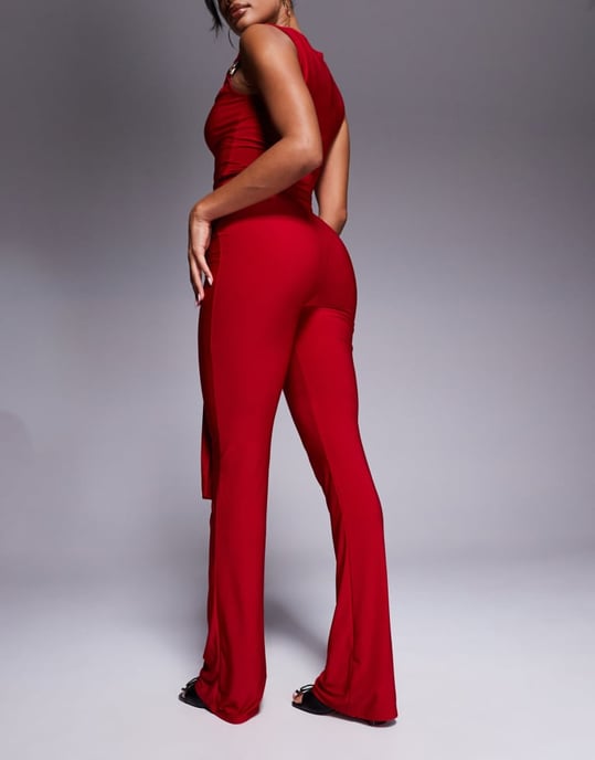 Kaiia exclusive double layered slinky gold hardware belt detail trouser co-ord in red - Image 2