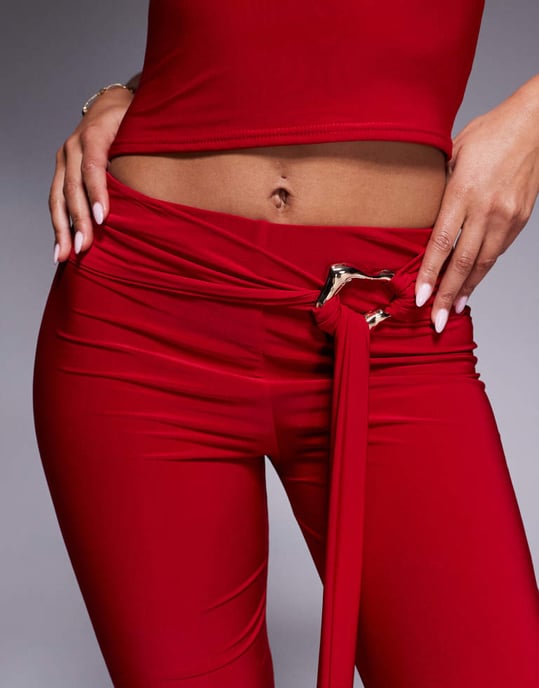 Kaiia exclusive double layered slinky gold hardware belt detail trouser co-ord in red - Image 3