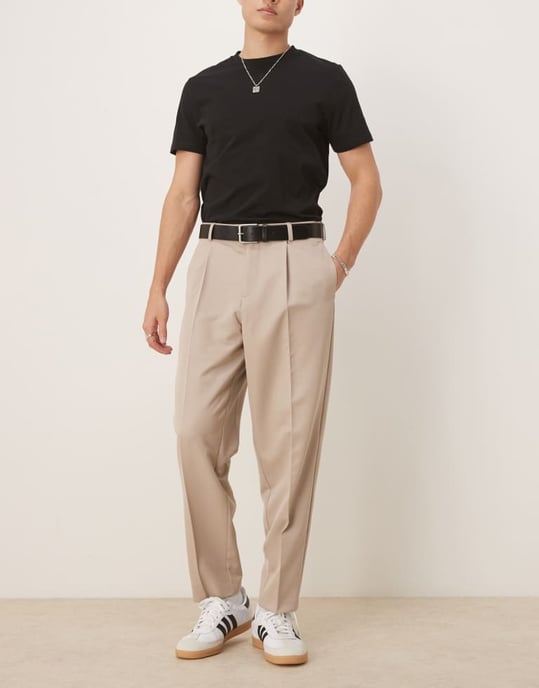 ASOS DESIGN smart relaxed tapered fit trousers with front pleat in stone - Image 2