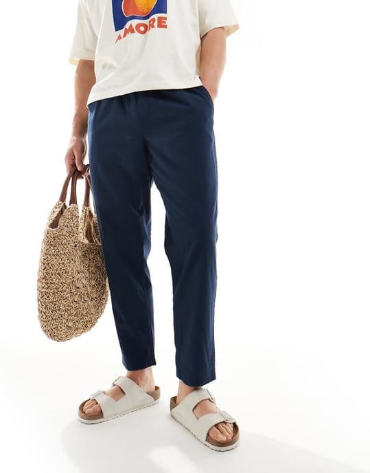 Jack & Jones slim tapered drawstring linen mix trouser in navy - Image 1
