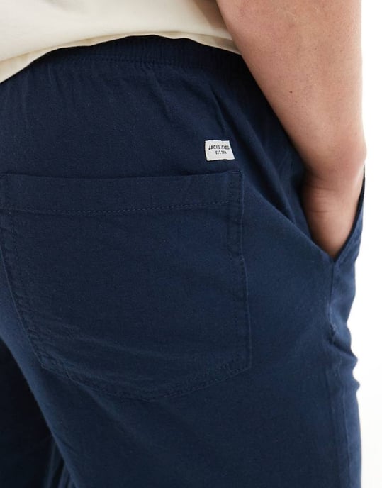 Jack & Jones slim tapered drawstring linen mix trouser in navy - Image 3