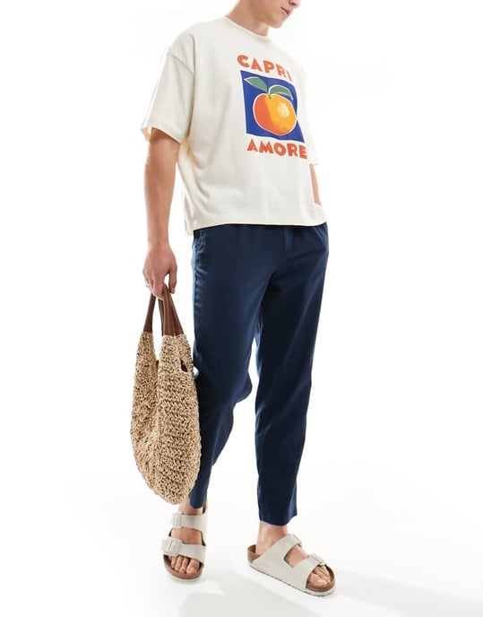 Jack & Jones slim tapered drawstring linen mix trouser in navy - Image 4
