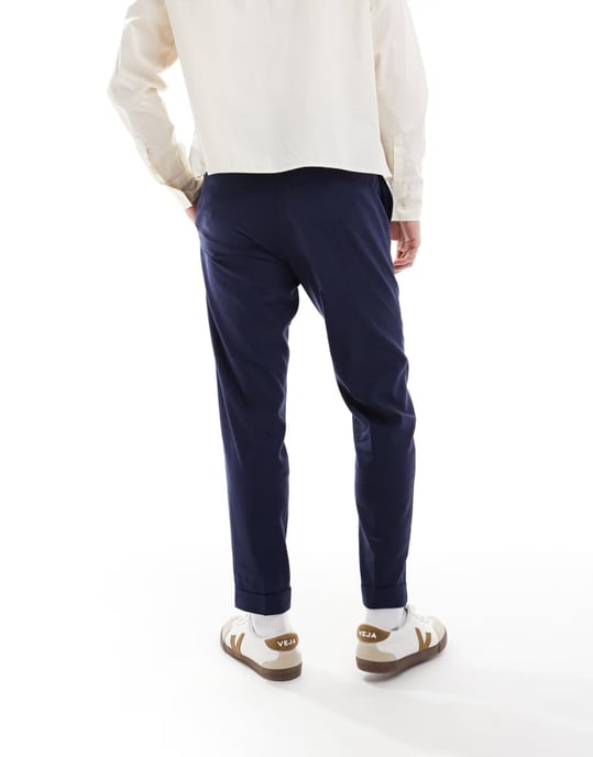ASOS DESIGN smart tapered fit linen blend trousers in navy - Image 2