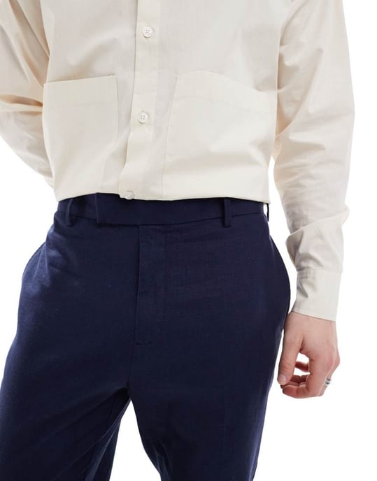 ASOS DESIGN smart tapered fit linen blend trousers in navy - Image 4