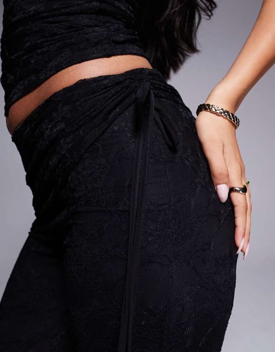 Kaiia exclusive double layered slinky belt detail lace trouser co-ord in black - Image 2