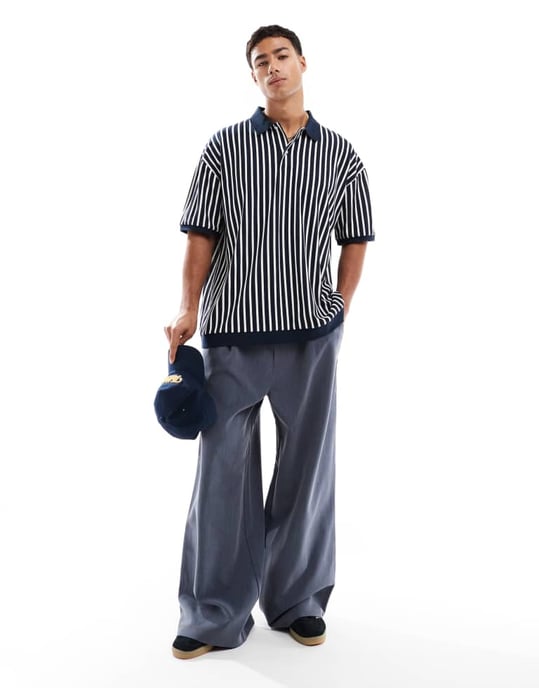 ASOS DESIGN oversized polo in black and white stripe - Image 3