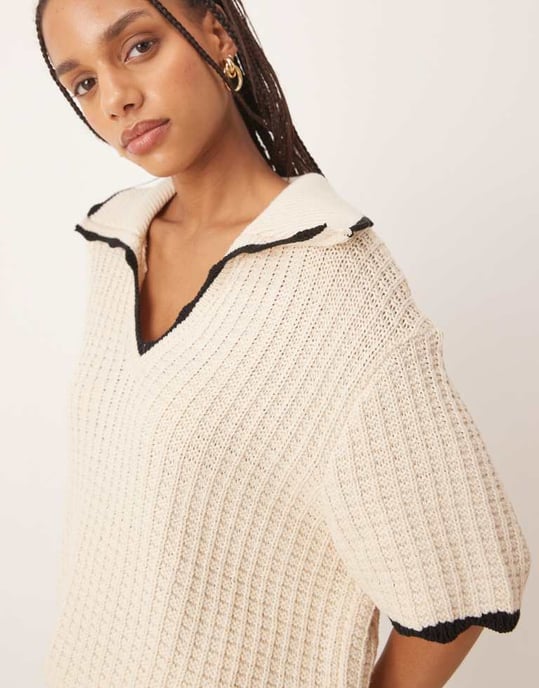 ASOS DESIGN knitted polo shirt with tipping detail co-ord in stone - Image 3