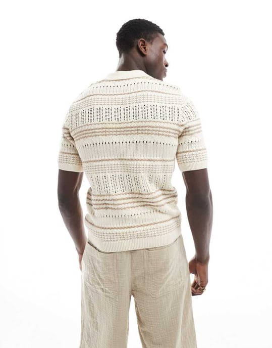 ONLY & SONS relaxed fit open knit polo in beige stripe - Image 4