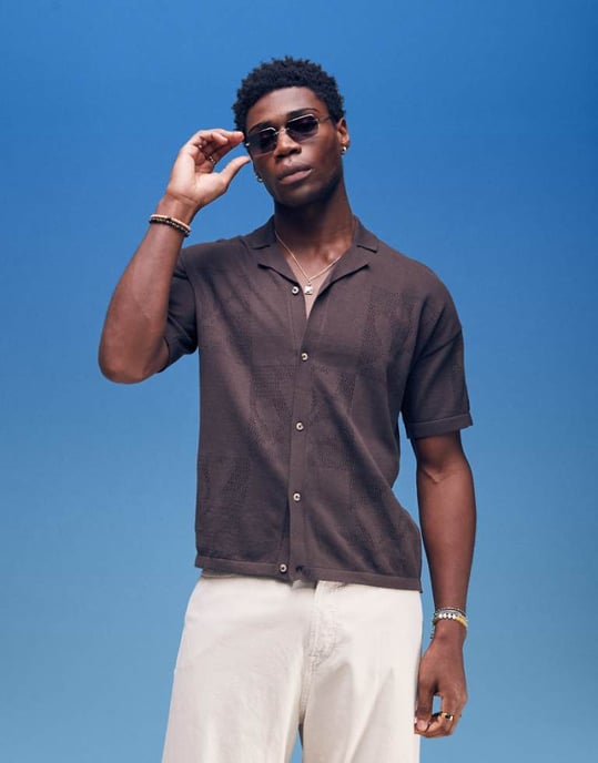ASOS DESIGN relaxed floral textured button through knitted polo in brown - Image 1