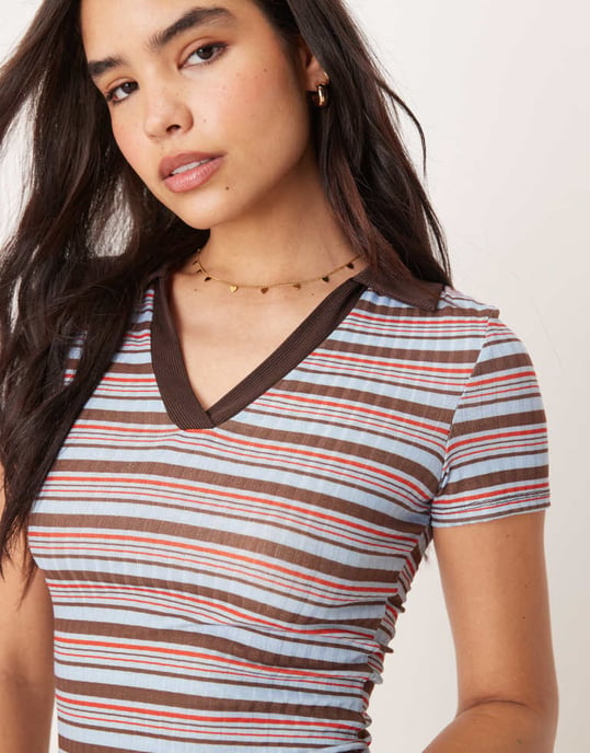 ASOS DESIGN shrunken rugby collar polo top co-ord in blue and brown stripe - Image 2