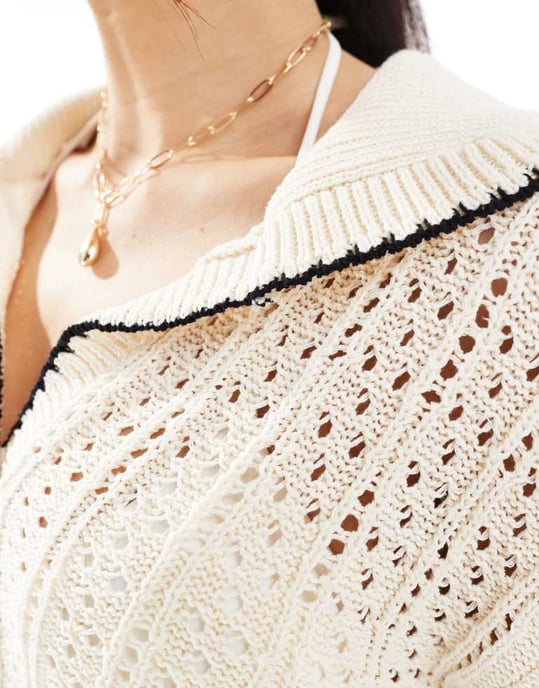 ASOS DESIGN knitted polo top co-ord with contrast blanket stitch in ivory - Image 2