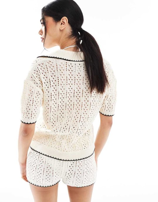 ASOS DESIGN knitted polo top co-ord with contrast blanket stitch in ivory - Image 4