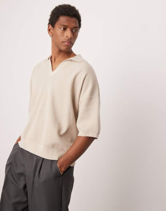 ASOS DESIGN oversized knitted notch neck polo in ecru - Image 1