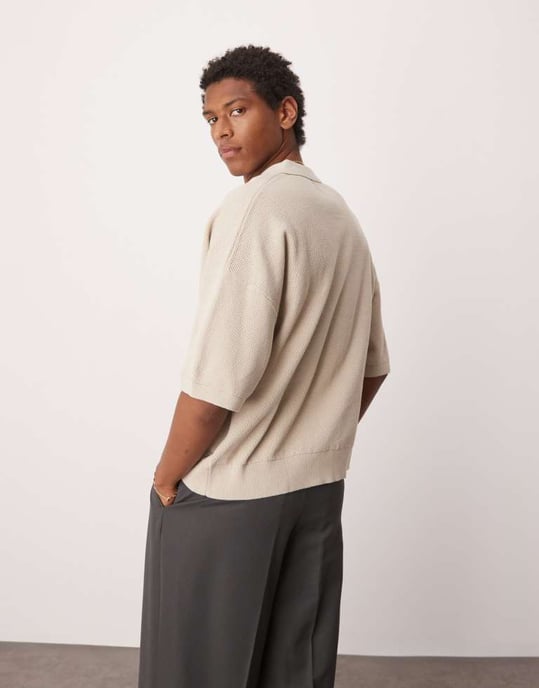 ASOS DESIGN oversized knitted notch neck polo in ecru - Image 2