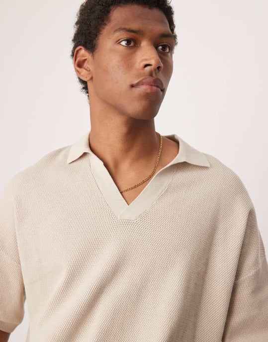 ASOS DESIGN oversized knitted notch neck polo in ecru - Image 3