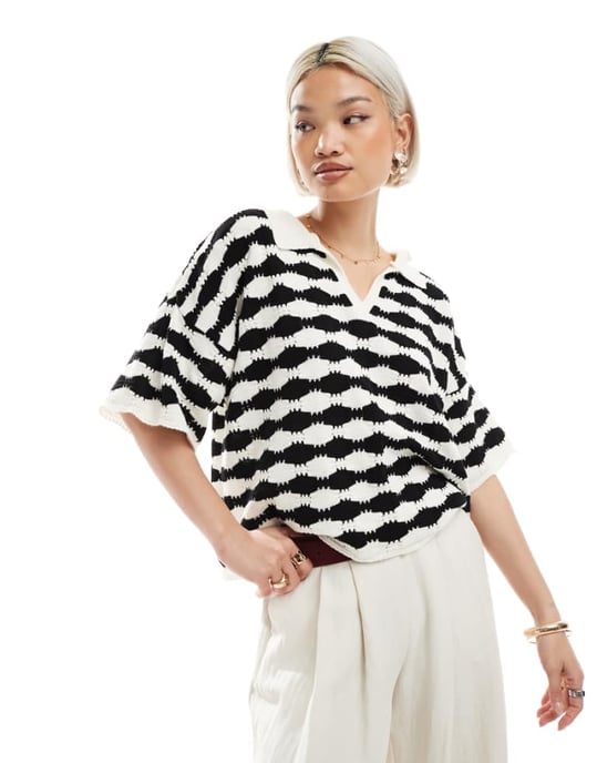 ASOS DESIGN knitted stitch relaxed polo top in mono stripe - Image 1