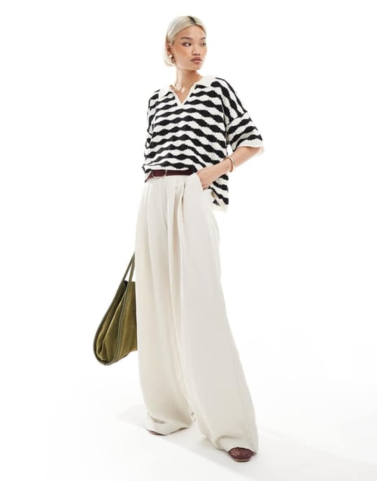 ASOS DESIGN knitted stitch relaxed polo top in mono stripe - Image 2
