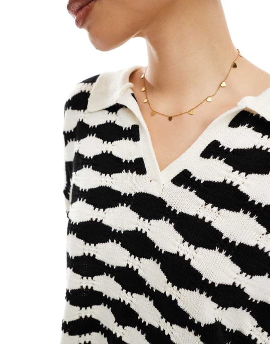 ASOS DESIGN knitted stitch relaxed polo top in mono stripe - Image 3