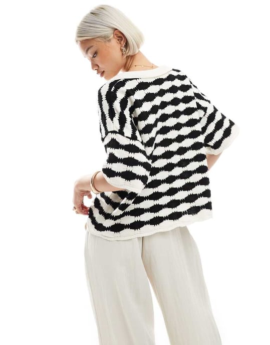 ASOS DESIGN knitted stitch relaxed polo top in mono stripe - Image 4