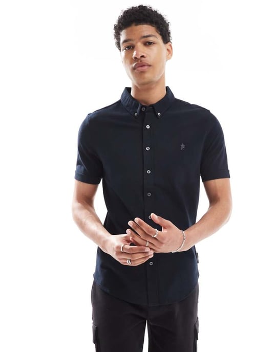 French Connection short sleeve pique button through polo in navy - Image 1
