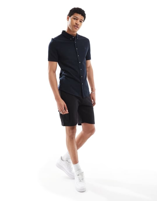 French Connection short sleeve pique button through polo in navy - Image 4