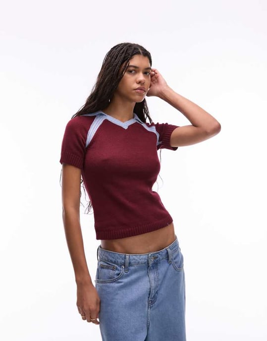 Topshop knitted football polo in burgundy and blue - Image 1