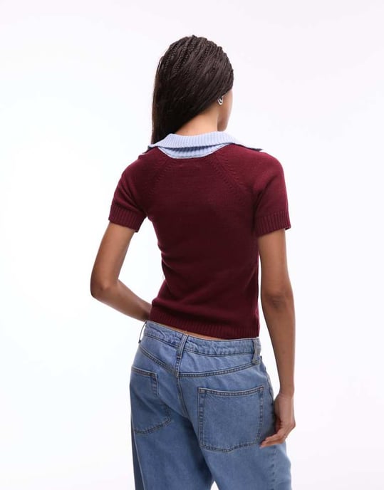 Topshop knitted football polo in burgundy and blue - Image 2