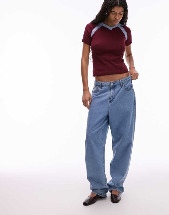 Topshop knitted football polo in burgundy and blue - Image 3