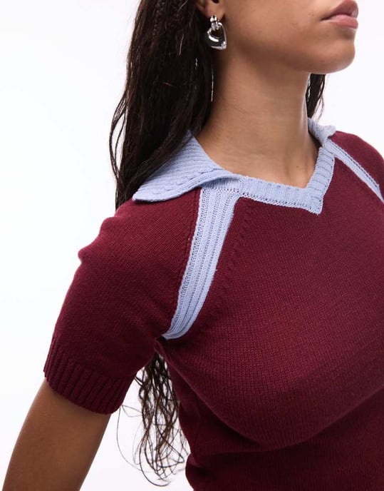 Topshop knitted football polo in burgundy and blue - Image 4