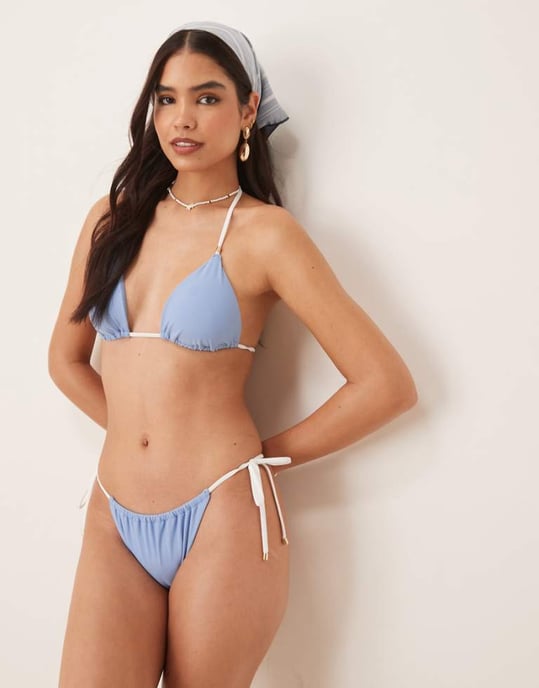 Abercrombie & Fitch cheeky tie side bikini bottom co-ord in blue - Image 1