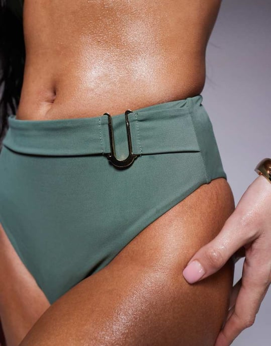 ASOS DESIGN Ella high waist bikini bottom with gold trim in khaki - Image 3
