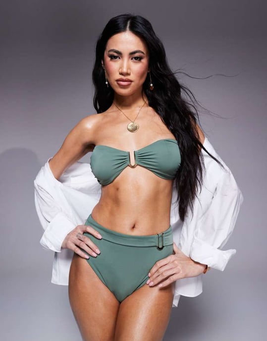 ASOS DESIGN Ella high waist bikini bottom with gold trim in khaki - Image 4
