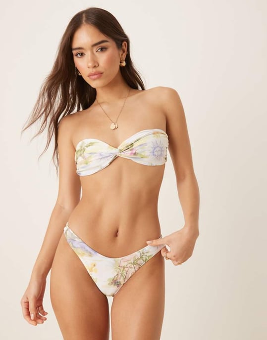 ASOS DESIGN Sunny tropical print Florida high leg bikini bottom in yellow - Image 1